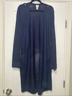 Chico’s Long Navy Black Cardigan Size 2 Duster Open Front Lightweight Layer